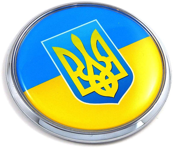 Ukrainian Flag with Trident 2.75" Car Chrome Round Emblem Decal 3D Badge