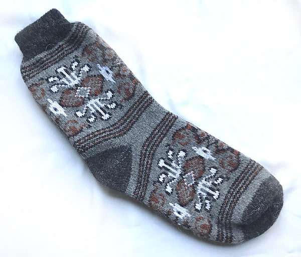 Brown and Charcoal on Grey Geometric Mens Wool Socks