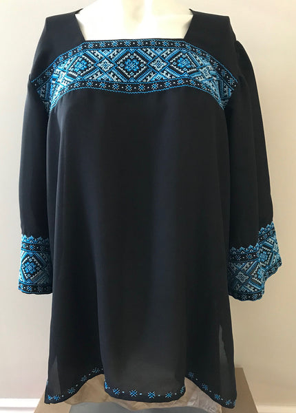 Black with Blue Embroidery Crepe Blouse - Large