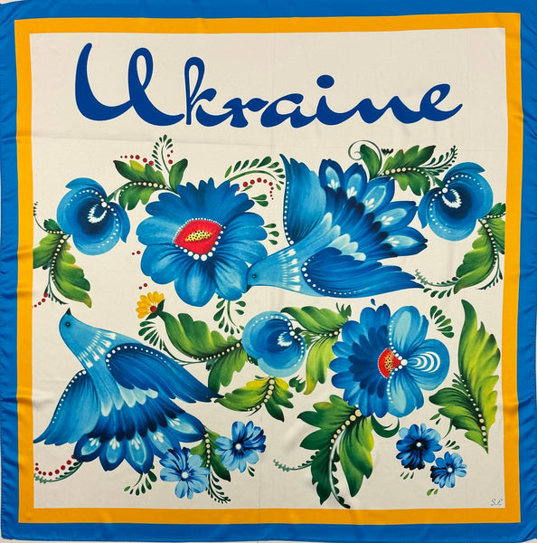 Blue Silky Petrykivka Ukraine Floral Shawl, 36 in