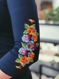Ladies ¾ sleeve pansies shirt on blue