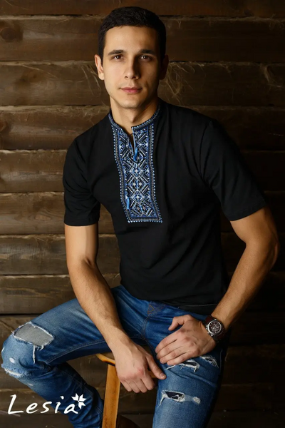 Men's embroidered light blue on black Karpatska shirt