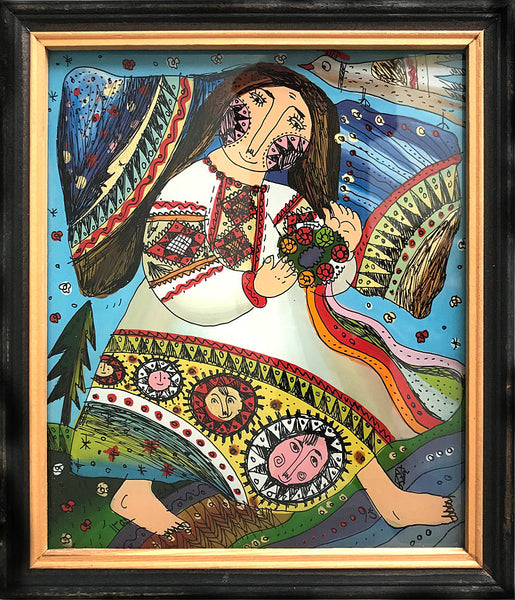 Girl with Vinok - Glass Painting  7 x 8