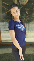 Women's embroidery The forest song dove on blue - short sleeve