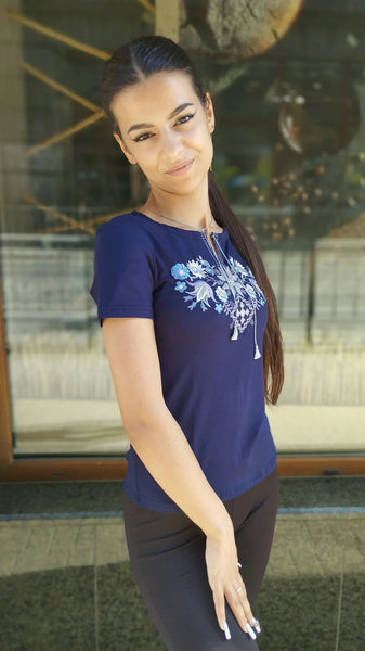 Women's embroidery The forest song dove on blue - short sleeve