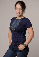 Women's t-shirt Turquoise merezhka on dark blue