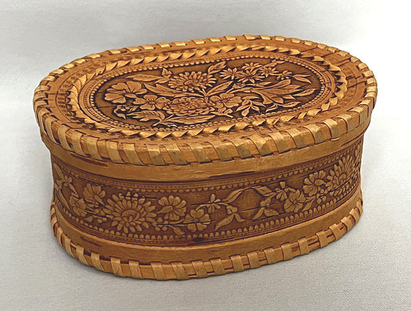 Floral Spray: Carved and embossed oval Birchbark Box