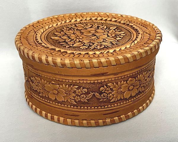 Floral Bouquet: Carved and embossed Round Birchbark Box