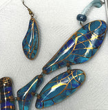 Dragonfly Glass Pendant with Earrings in Blue with Gold