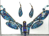 Dragonfly Glass Pendant with Earrings in Blue with Gold