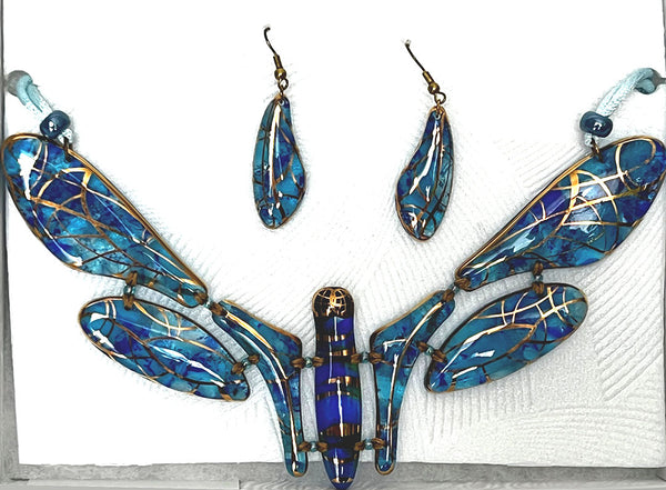 Dragonfly Glass Pendant with Earrings in Blue with Gold