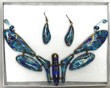 Dragonfly Glass Pendant with Earrings in Blue with Gold