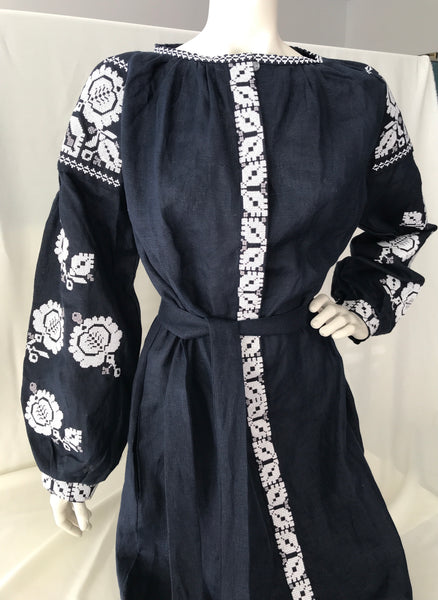 Navy Linen Embroidered Dress-Vyshyvanka