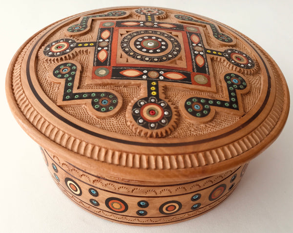 Medium Round Wooden Box with inlay - Signed