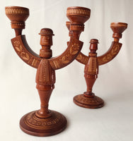 Set of 2 Carved Hutsul Wooden Candlesticks