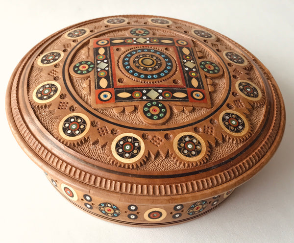 Large Round Wooden Box Carved with inlay