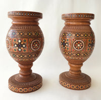 Set of 2 Wooden Vases with inlay, carving