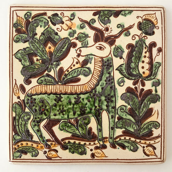 Kosiv Tile "Goat and Floral" - 8"  (Signed)