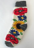 Women's socks with poppy and sunflower on white