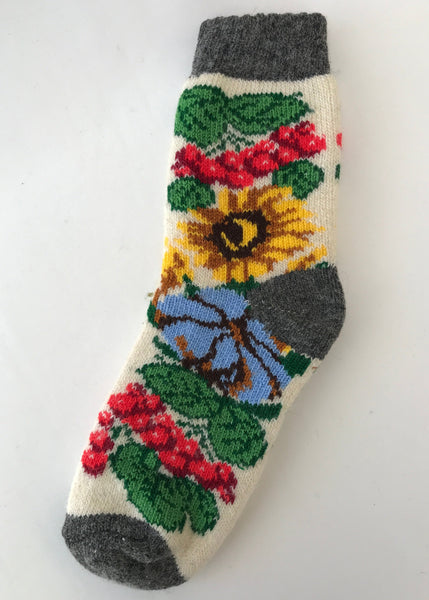 Women's socks with viburnum sunflower and cotton on white