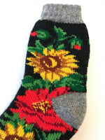 Ladies Wool Floral Poppy-Sunflower #2 Socks on black/grey