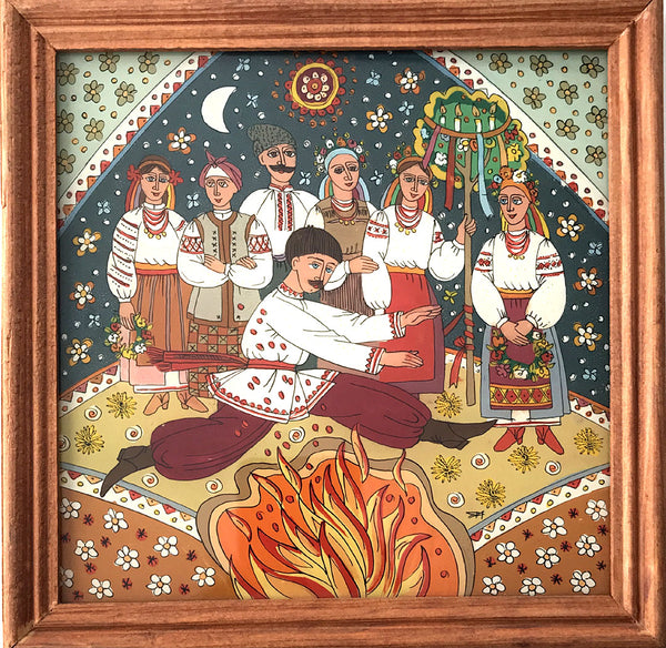 Ivana Kupala Jumping over Bonfire - Glass Painting, J. Adamovych