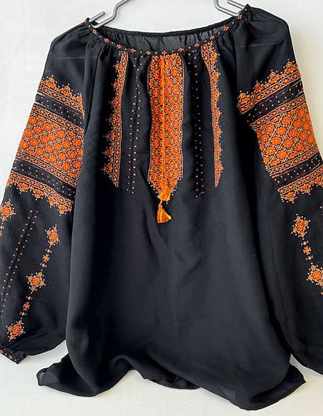 Richly Embroidered Black Crepe Blouse - L/XL