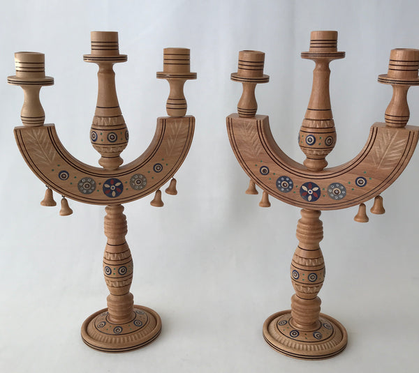 Set of 2 Carved/Inlaid Hutsul Wooden Candlesticks