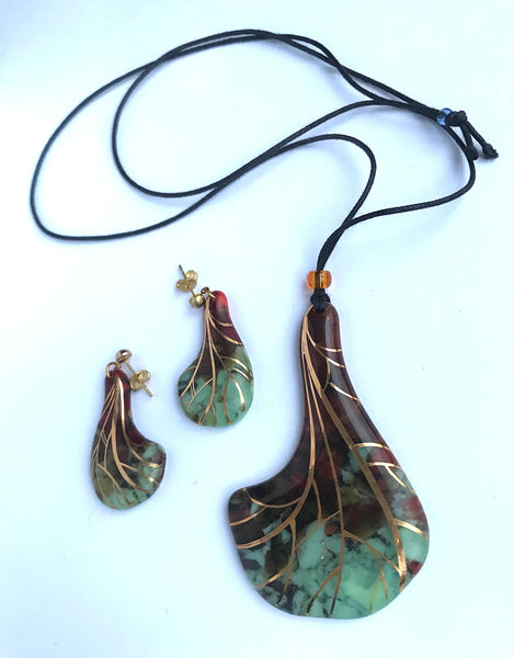 Maidenhair Fern Design Glass Pendant with Earrings