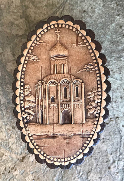 Church: Carved and Embossed Oval Birchbark Box