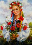 Ukrainian Girl with Poppies Art Card 5x7