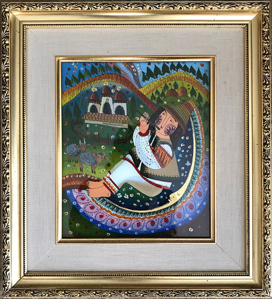Sopilkar - Glass Painting,  framed 12 x 13.5 in