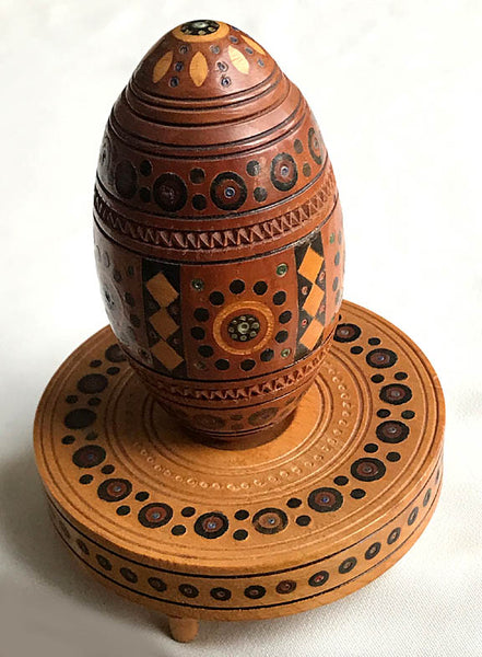 Inlaid and Carved Wooden Goose-Sized Pysanka with Stand