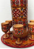 Decorative Painted Wooden Bottle - Set with 6 glasses
