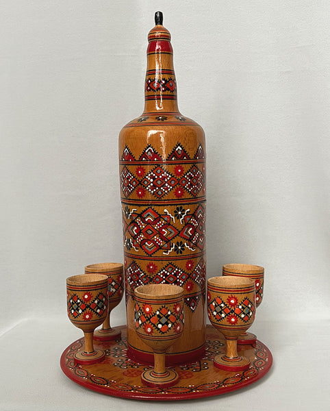 Decorative Painted Wooden Bottle - Set with 6 glasses