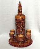 Decorative Painted Wooden Bottle - Set with 6 glasses