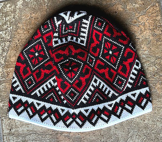Knit Hat with Embroidery Design in red-black