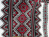White knit scarf with red-black embroidery design