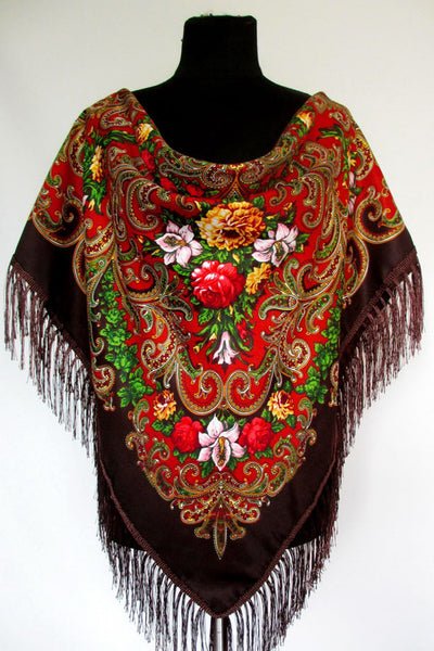 Brown-Red Floral Wool-Silk Shawl 47 in.