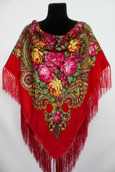 Red Floral Wool-Silk Shawl 48 in.