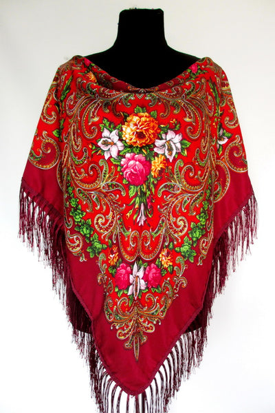 Red Floral Wool-Silk Shawl 47 in.