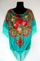 Turquoise Floral Wool-Silk Shawl 47 in.