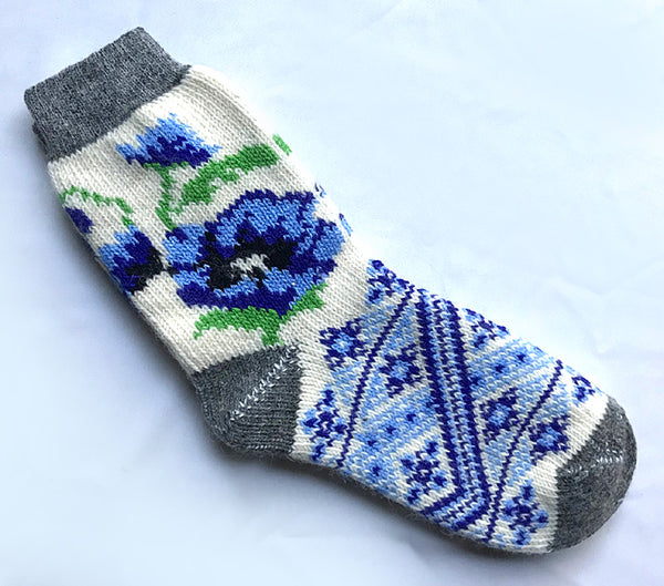 Ladies Wool Socks - Blue Poppy Design