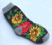 Ladies Wool Floral Poppy-Sunflower Socks on black/grey