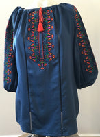 Navy Blue Satin Embroidered Blouse S/M