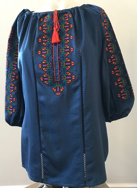 Navy Blue Satin Embroidered Blouse S/M