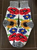 Women's socks with poppy and sunflower on white