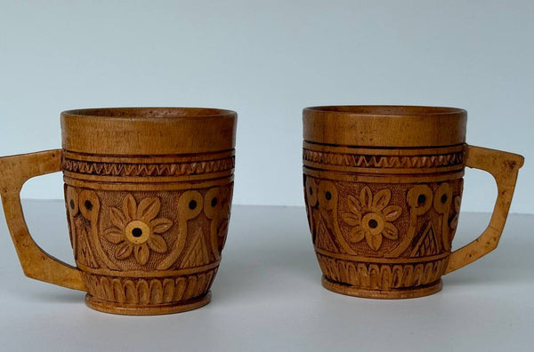 Set of 2 Carved Wooden decorative mugs with inlay