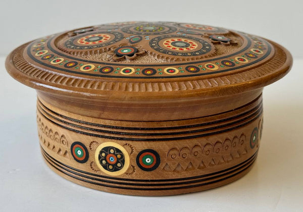 Medium Round Carved Wooden Box with inlay