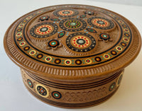 Medium Round Carved Wooden Box with inlay